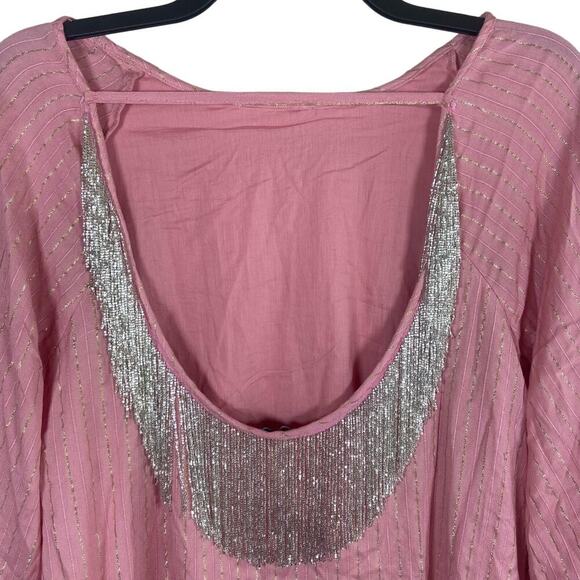 Boston Proper Dress Womens Large Pink Gold Striped Beaded Silver Fringe Low Back - Picture 4 of 15